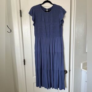 Smocked Bodice Flutter Sleeve Blue Tiered Midi Dress, XXL